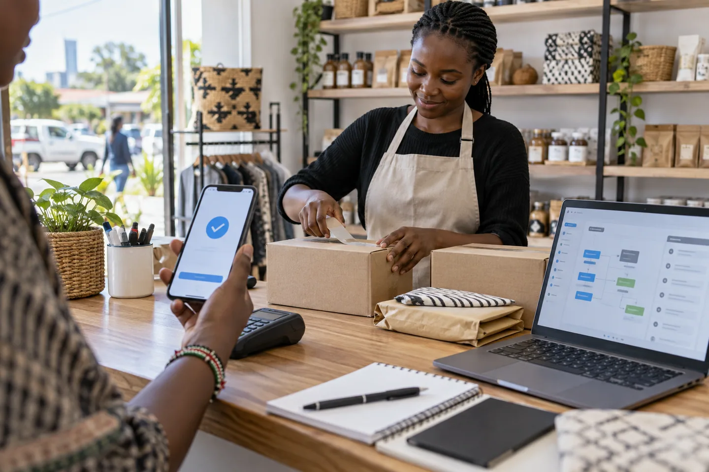 Kenyan retail counter using a phone payment and connected operations workflow