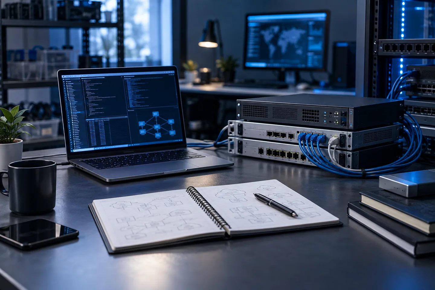 Technical deployment workspace with laptop, network hardware, and infrastructure notes