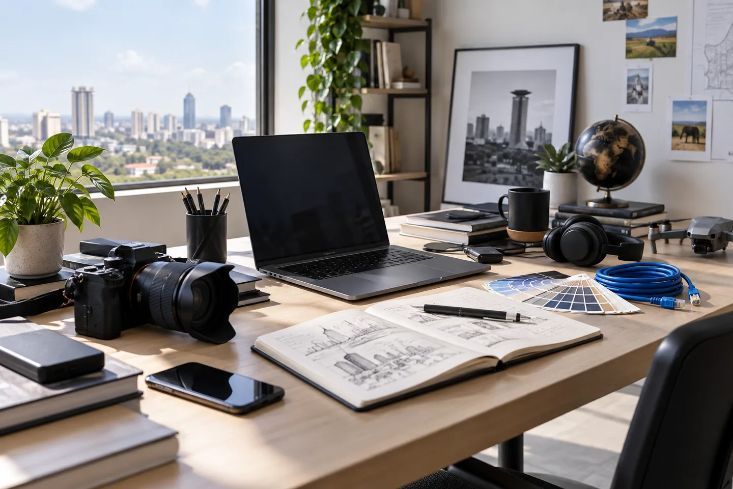 Creative technologist workspace in Nairobi with laptop, sketchbook, camera, and design materials