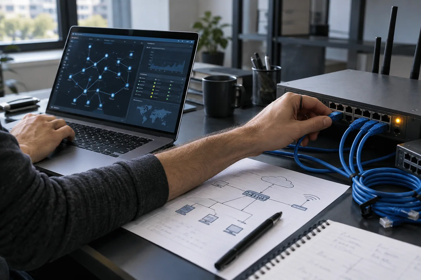 Hands reviewing a small-office network with router, cables, laptop, and topology sketch