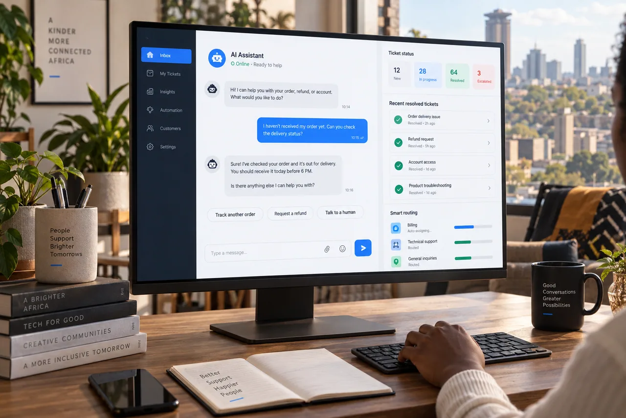 AI customer support workspace displayed on a desktop monitor