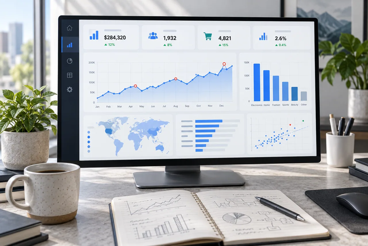 Business analytics dashboard with charts and an analysis notebook