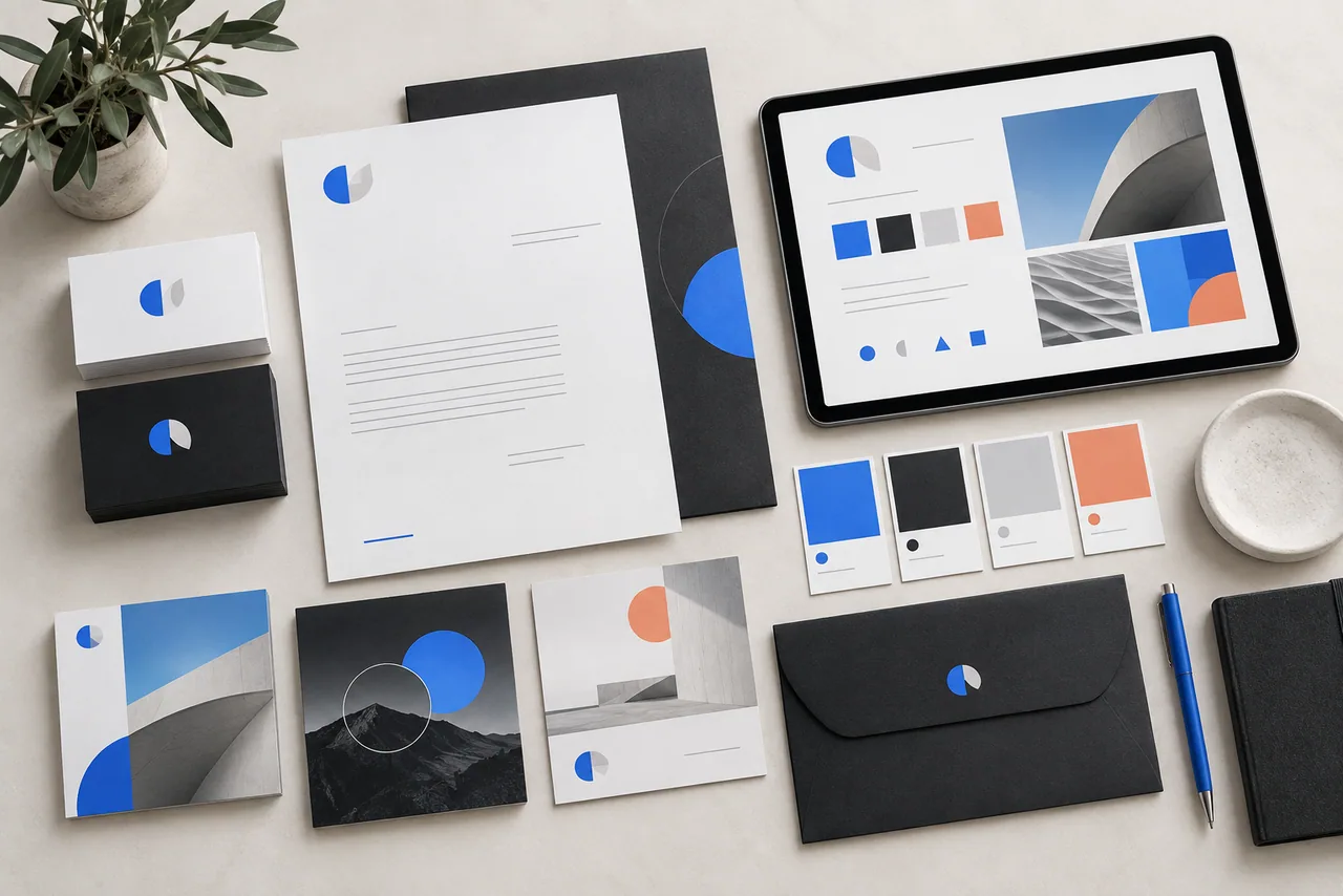 Corporate identity system arranged across stationery and a tablet