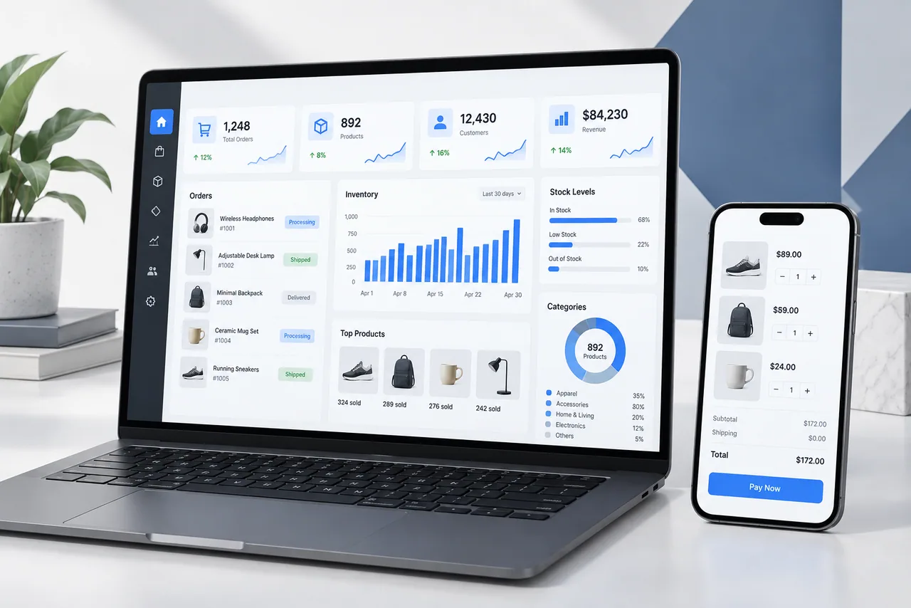 Commerce dashboard and mobile checkout interface shown on modern devices