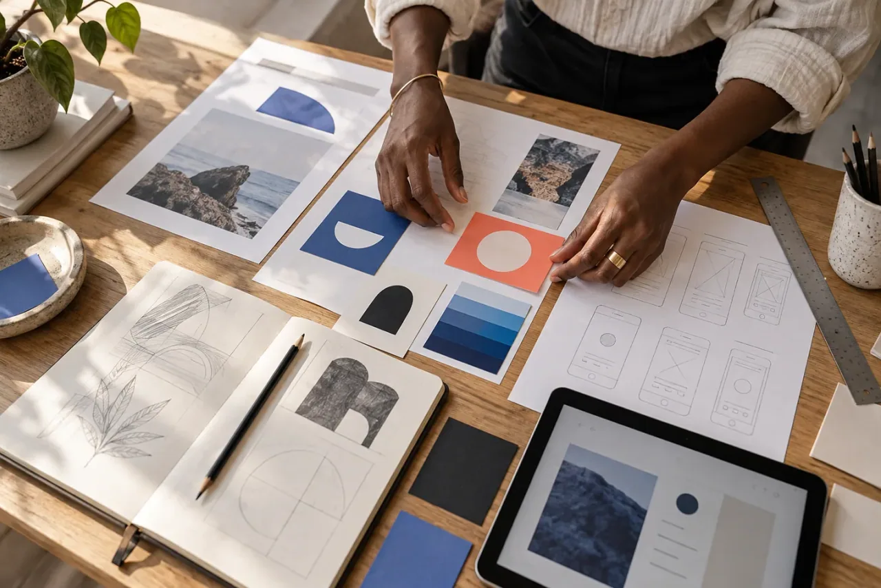 Campaign design layouts, colour swatches, and sketches arranged on a desk