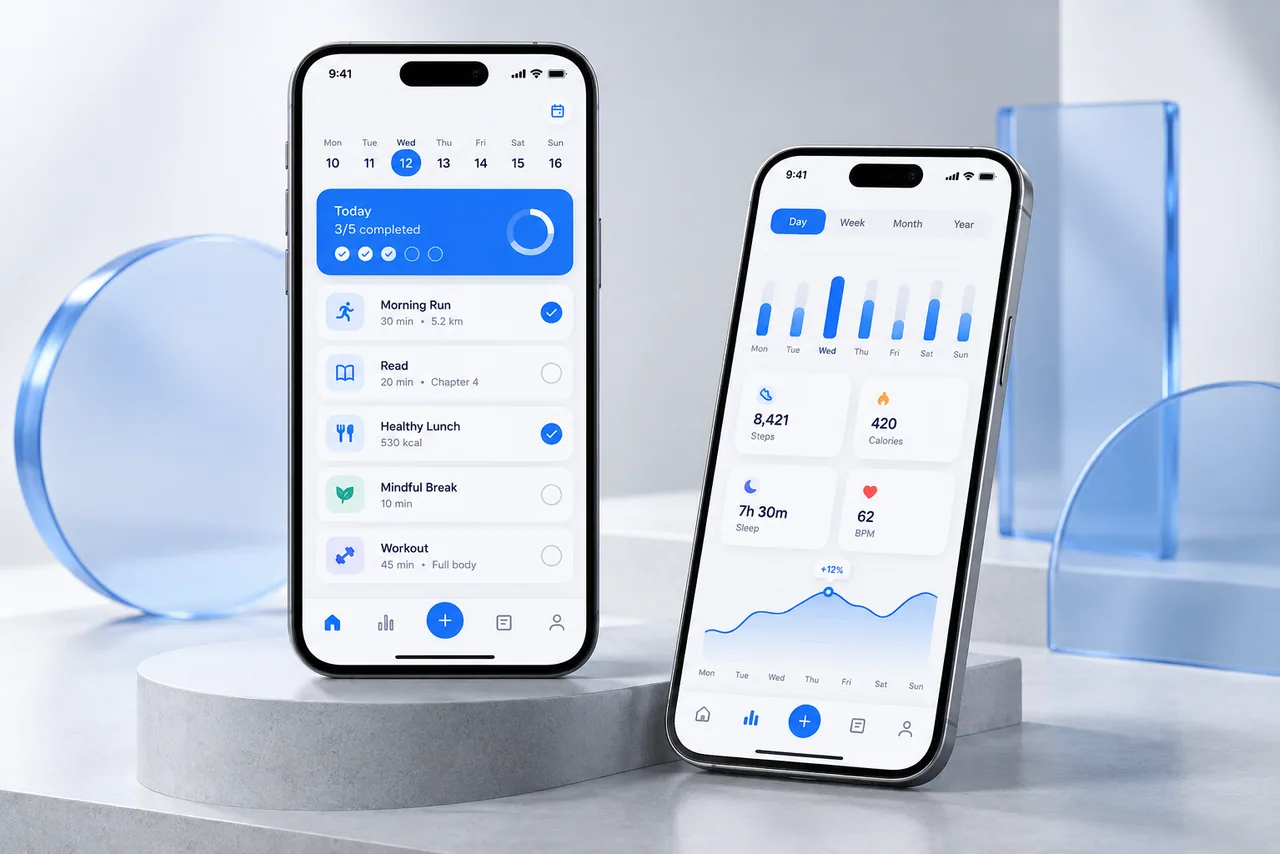 Two smartphones showing coordinated mobile application screens