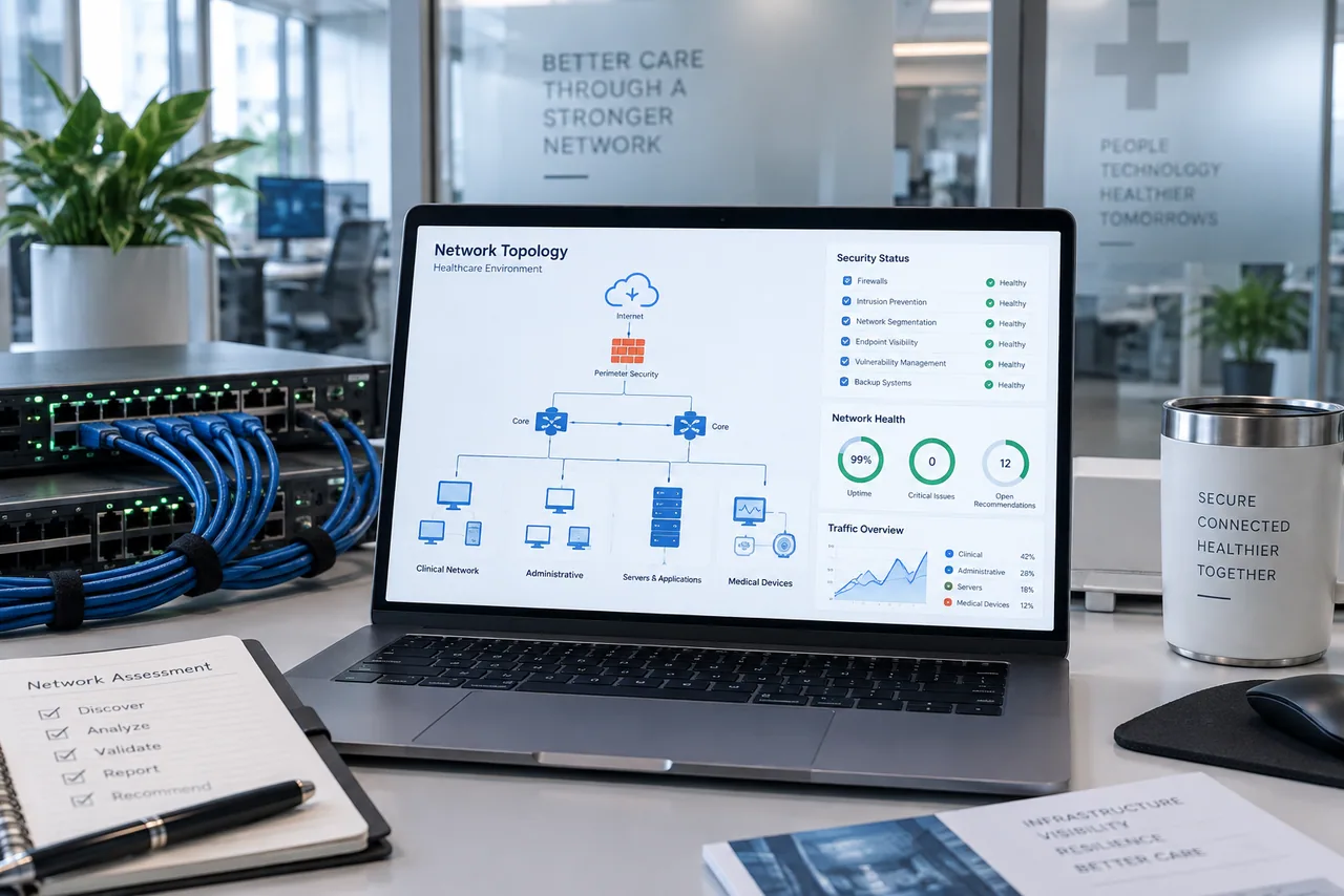 Healthcare network topology and security status shown on a laptop