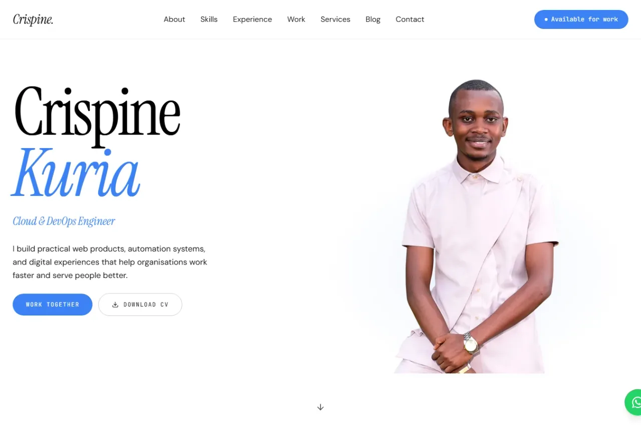 Homepage of the Crispine Kuria portfolio website